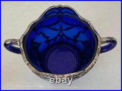 Dugan Diamond Silver Filigree Maple Leaf Sugar & Lid, Cobalt Blue, EAPG Glass