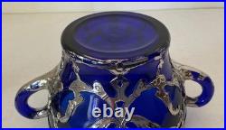 Dugan Diamond Silver Filigree Maple Leaf Sugar & Lid, Cobalt Blue, EAPG Glass