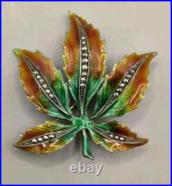 Fabulous Antique European Silver. 800 Enamel & Marcasite Maple Leaf Brooch