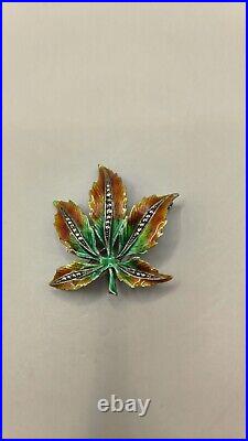 Fabulous Antique European Silver. 800 Enamel & Marcasite Maple Leaf Brooch