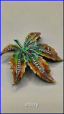 Fabulous Antique European Silver. 800 Enamel & Marcasite Maple Leaf Brooch