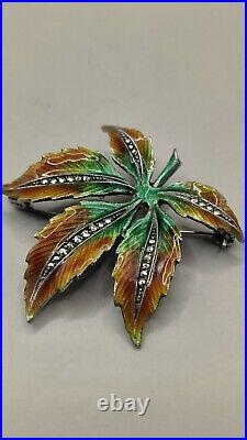 Fabulous Antique European Silver. 800 Enamel & Marcasite Maple Leaf Brooch