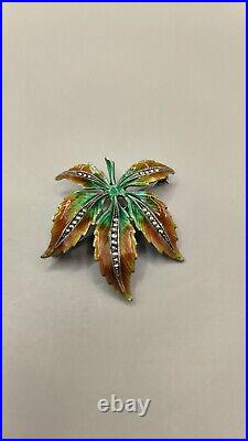 Fabulous Antique European Silver. 800 Enamel & Marcasite Maple Leaf Brooch