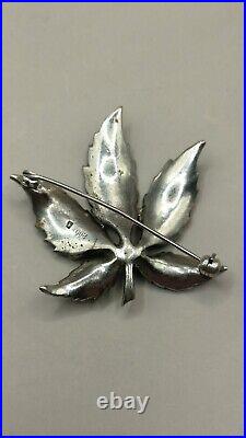 Fabulous Antique European Silver. 800 Enamel & Marcasite Maple Leaf Brooch