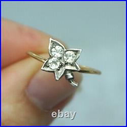 Goergian Victorian Vintage 14k Gold Silver Paste Diamond Maple Leaf Ring sz7.5