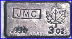 JMC 3 Oz. 999 Fine Silver Maple Leaf Bar Johnson Matthey 7995