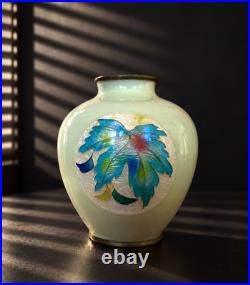 Japanese Cloisonné Enamel Glowing Vase Vibrant Autumn Maple Leaf Silver Rim