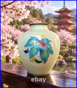 Japanese Cloisonné Enamel Glowing Vase Vibrant Autumn Maple Leaf Silver Rim