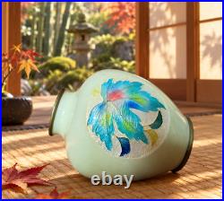 Japanese Cloisonné Enamel Glowing Vase Vibrant Autumn Maple Leaf Silver Rim