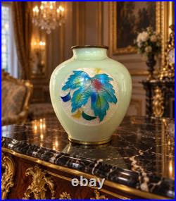 Japanese Cloisonné Enamel Glowing Vase Vibrant Autumn Maple Leaf Silver Rim