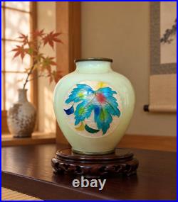 Japanese Cloisonné Enamel Glowing Vase Vibrant Autumn Maple Leaf Silver Rim