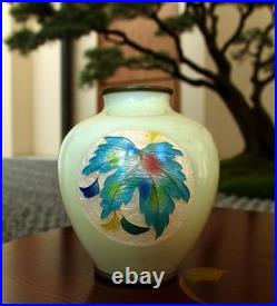 Japanese Cloisonné Enamel Glowing Vase Vibrant Autumn Maple Leaf Silver Rim