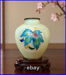 Japanese Cloisonné Enamel Glowing Vase Vibrant Autumn Maple Leaf Silver Rim