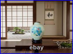 Japanese Cloisonné Enamel Glowing Vase Vibrant Autumn Maple Leaf Silver Rim