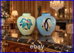 Japanese Cloisonné Enamel Glowing Vase Vibrant Autumn Maple Leaf Silver Rim