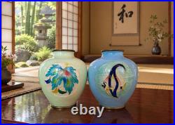 Japanese Cloisonné Enamel Glowing Vase Vibrant Autumn Maple Leaf Silver Rim