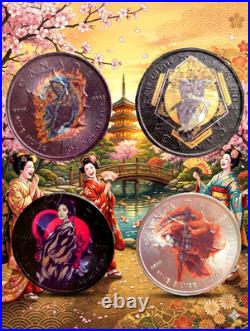 Lot of 4 Maple Leaf Canada Silver Coins Color, Geisha culture, Limited Edition
