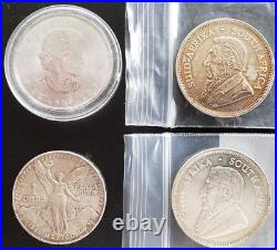 Lot of (4) Various One Ounce SILVER Coins Maple Leaf, Krugerrand, South Africa