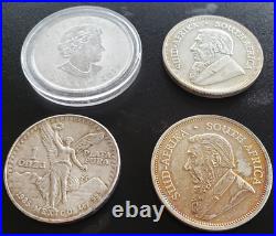 Lot of (4) Various One Ounce SILVER Coins Maple Leaf, Krugerrand, South Africa