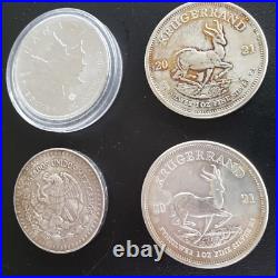 Lot of (4) Various One Ounce SILVER Coins Maple Leaf, Krugerrand, South Africa