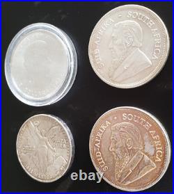 Lot of (4) Various One Ounce SILVER Coins Maple Leaf, Krugerrand, South Africa