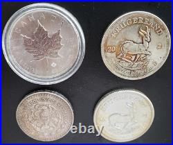 Lot of (4) Various One Ounce SILVER Coins Maple Leaf, Krugerrand, South Africa