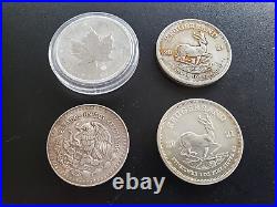 Lot of (4) Various One Ounce SILVER Coins Maple Leaf, Krugerrand, South Africa