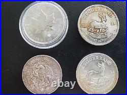 Lot of (4) Various One Ounce SILVER Coins Maple Leaf, Krugerrand, South Africa