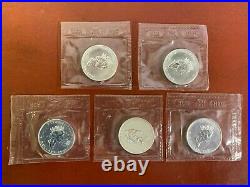 Lot of (5) 1991 Canadian Maple Leaf 1oz. 9999 Silver Coins in sealed Plastic