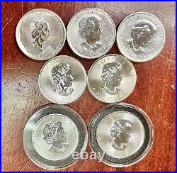 Lot of (7) 1 Oz. 9999 Fine Silver Argent Pur Canada Maple Leaf Collectible Coins