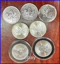 Lot of (7) 1 Oz. 9999 Fine Silver Argent Pur Canada Maple Leaf Collectible Coins