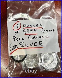 Lot of (7) 1 Oz. 9999 Fine Silver Argent Pur Canada Maple Leaf Collectible Coins