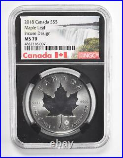 MS70 2018 Canada 5 Dollars 1 Oz. 999 Fine Silver Maple Leaf Incuse NGC 1100