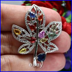 Natural Heated Fancy Color Sapphire & Cz Maple Leaf Brooch 925 Sterling Silver