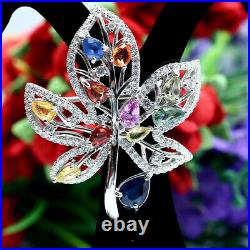 Natural Heated Fancy Color Sapphire & Cz Maple Leaf Brooch 925 Sterling Silver