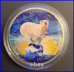 POLAR BEAR COLOURED CANADIAN MAPLE LEAF 2017 GOLD GILDED 1oz SILVER COIN LIM/EDI