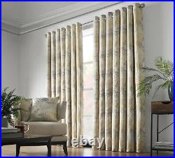 Pairs Of Ochre Gold Silver Grey Fern Leaves Woven Jacquard Eyelet Lined Curtains