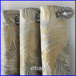 Pairs Of Ochre Gold Silver Grey Fern Leaves Woven Jacquard Eyelet Lined Curtains