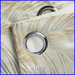 Pairs Of Ochre Gold Silver Grey Fern Leaves Woven Jacquard Eyelet Lined Curtains