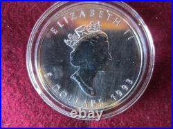 Pristine 1993 Canadian Maple Leaf $5 Pure Silver Coin Westminster collection COA