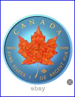 RARE! 1/100 Canada Maple Opal Stone 1oz Silver Coin. 9999 SPACE BLUE -Unsealed