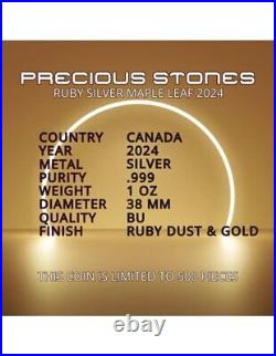 RUBY MAPLE LEAF Precious Gemstones 1 Oz Silver Coin 5$ Canada 2024