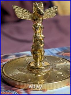 Rare 24Kt Gilded Silver Totem Pole On9999 Fine Silver Canadian Maple Leaf Dollar