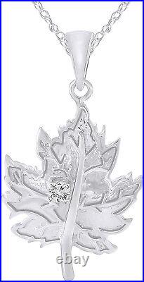 Real Diamond 0.07 Ct Sterling Silver Maple Leaf Pendant Necklace with 18 Chain