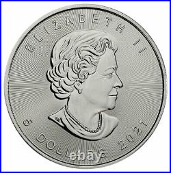 Roll of 25 2021 Canada 1 oz Silver Maple Leaf $5 Coins GEM BU