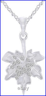 Sterling Silver Maple Leaf Real Diamond 0.10 Carat Pendant Necklace 18 Inches