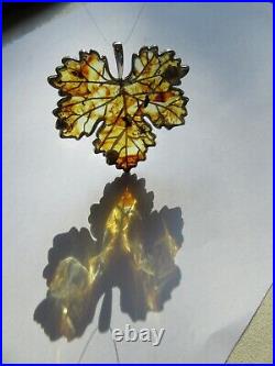 Sterling silver amber brooch/pendant. Maple leaf. Honey colour natural gemstone