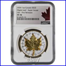 Super Incuse Silver Maple Leaf 2024 1 Oz Silver Gold Plated Coin Ngc Pf70 Fr