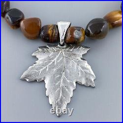 Vintage Sterling Silver 925 Tiger's Eye Pewter Maple Leaf Pendant Necklace 18