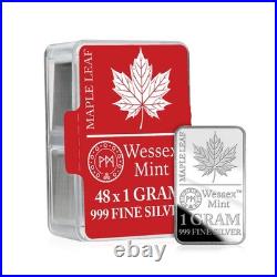 Wessex Mint Silver Savers Maple Leaf 1g Solid Silver Bullion Bars Box of 48
